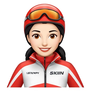 Ski racer woman red white dress with the name Stephanie on the dress black hair smile sticker