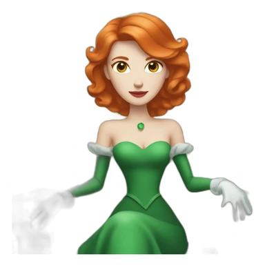 white skin redhead queen with straight hair wearing white gloves on her throne, wearing a green dress sticker