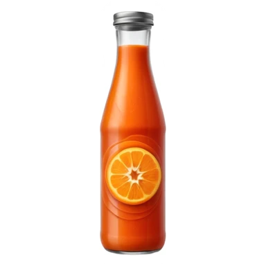tall clear bottle filled with vibrant red-orange soup, slightly textured and opaque, soft ripples visible through the glass, chilled vegetable blend, capped with metal lid, no label or garnish, sealed bottle, apple emoji style, soft lighting, subtle shadows, transparent background, emoji scale sticker