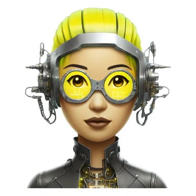 Neon yellow bobbed hair Asian female cyborg head with silver steampunk goggles and circuits sticker
