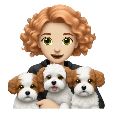 red haired girl with green eyes with her black and white Maltipoo dogs sticker