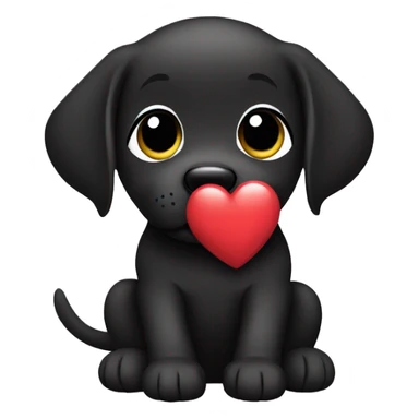 sitting black labrador puppy is holding a heart sticker