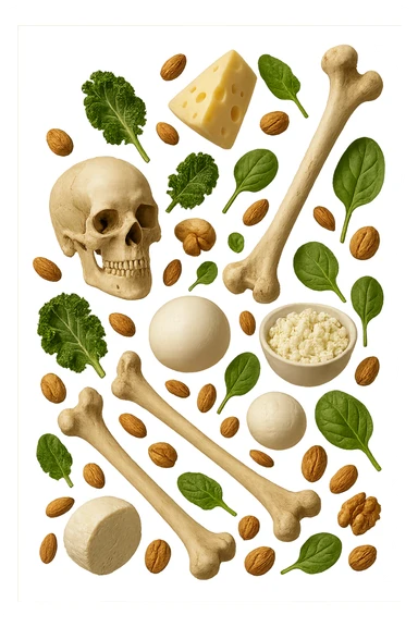 latticini, verdure a foglia verde, frutta secca fluttuano in aria insieme ad ossi umani realistici, iperrealistici 4k sticker