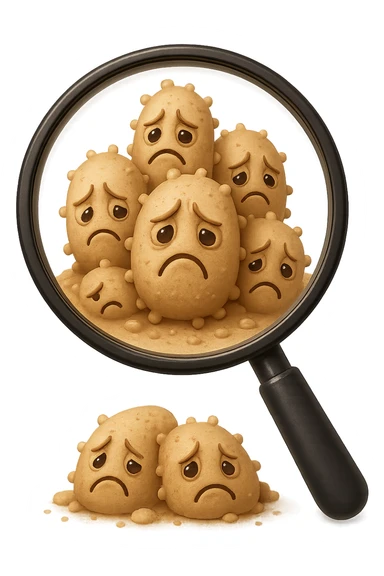 EMOJI STILE IPHONE DI una lente di ingrandimento che inquadra un cumulo di batteri intestinali tristi, IPERREALISTICO 4K sticker