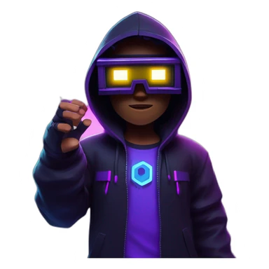 Minecraft hero wearing a black hoodie with "OMG" letters on it and VR headset in a cyberpunk VR environment with violet neon lighting. sticker