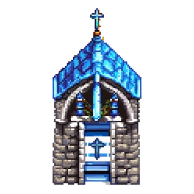 medieval temple, pixel art style, stone temple with stained glass, blue and gray details sticker