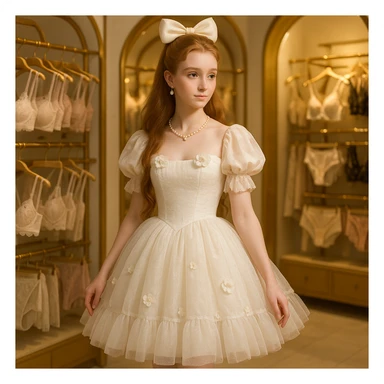 A sweet, fair-skinned princess with long hair, high forehead, princess hairstyle with bow, half-draped, in a white puffy tulle Lolita dress with puff sleeves, tube top, multi-layer tulle skirt, flower decorations, pearl jewelry, white lace-up high heels, standing in a store with elegant lingerie, golden arches, soft lighting, 8k, high definition, full body, long shot, 1:1 ratio, unique angle. sticker