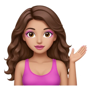 girl with long wavy brown hair, brown eyes, long lashes makeup, sexy pink lips, light to medium complexion, wearing a pink sexy top, both hands in teh air sticker