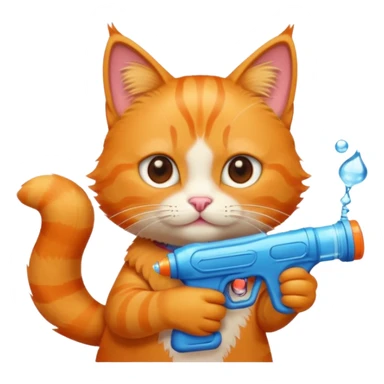 orange tabby cat, mischievous, holding a water gun, emoji style sticker