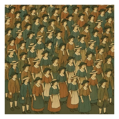 Make the 18th century crowd much larger, isometric view, no background, in the style of gpt-image-1. sticker