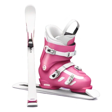 Pink ski boots and white standing skis behind boots sticker
