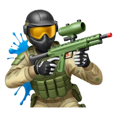 A paintball player in full gear, aiming a paintball gun with focus and determination. The scene includes vibrant splashes of paint and a dynamic battlefield setting, emphasizing action, strategy, and teamwork in a competitive environment sticker