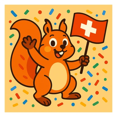 playful squirrel surrounded by confetti, waving a Swiss flag, colorful and lively sticker