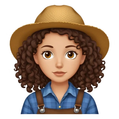 white girl with dark brown curly hair, brown eyes, wearing farm clothes sticker