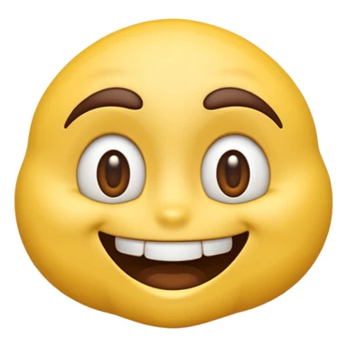 A hyper-realistic 3D render of a cartoon-style emoji face with exaggerated features. The emoji has a bright yellow, smooth, rounded face with large, shiny, expressive brown eyes and raised dark brown eyebrows. It shows an extremely wide, exaggerated smile with perfectly aligned, large  sticker