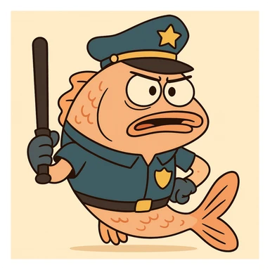 a police fish holding a baton, playful style sticker