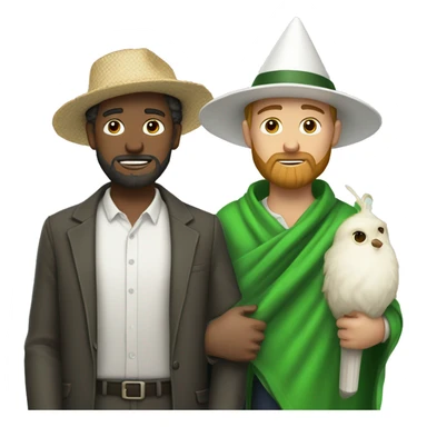 A single Guy with a green blanket, a white barbe with a butterfly catcher and a white cone-shaped hat sticker
