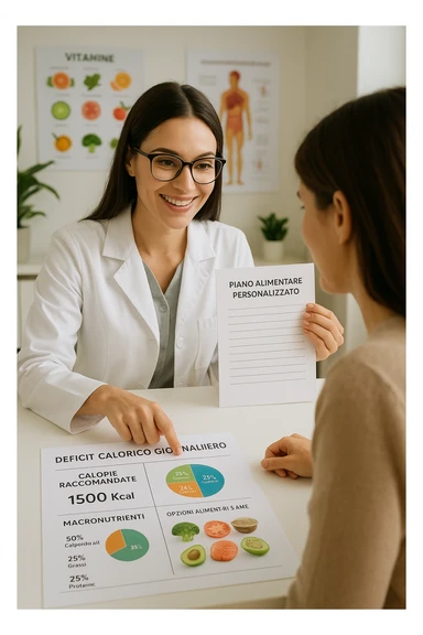 a nutritionist sits at a desk with a client, showing a personalized meal plan and a chart that clearly displays the client’s specific daily caloric deficit. The nutritionist points to the chart, which includes recommended calories, macronutrient breakdown, and healthy food options. The mood is professional, supportive, and educational. scritte in italiano sticker