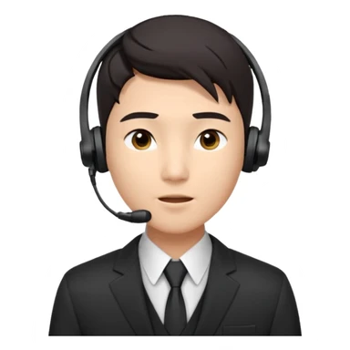 A young Asian man with smooth light skin, dark hair that swoops upward in the front, expressive eyes, a clean-shaven face, and a call-center style headset over one ear, usually paired with a crisp shirt and suit jacket visible from the chest up. sticker
