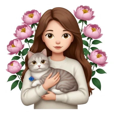 pretty woman a long hair brown color Wear a white sweater holding a British shorthair fat cat fluffy golden in a peony sticker