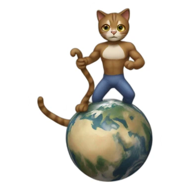 high definition, a cat man uses a leverage to lift the Earth sticker