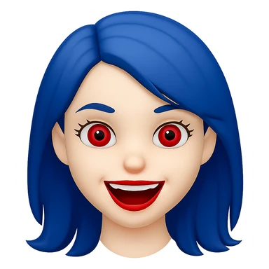 Change hair color to blue, keep white girl with red eyes, cute but scary face laughing, in emoji style similar to apple style emojis, concise prompt. sticker