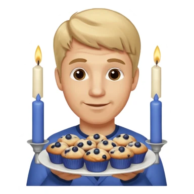 It is my friend virginias birthday. Create emoji with me saying happy birthday Virginia while holding blueberry muffins with candles in them! I am a white man make the emoji with dirty blonde hair  sticker