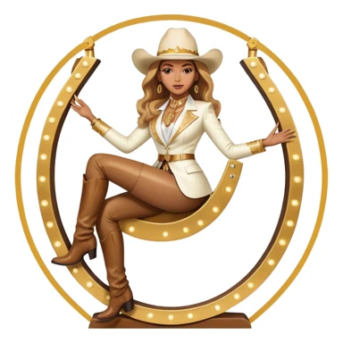 Beyonce sitting with gold and white cowboy suit and hat sitting on giant light up horseshoe sticker