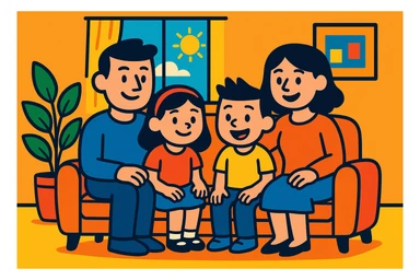 a family of four in a cozy living room, cartoon style, vibrant colors sticker