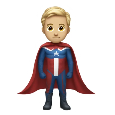 Emoji of Homelander from ‘The Boys’ series. USA flag-inspired costume with cape (red, blue, white). Confident, slightly menacing expression. sticker