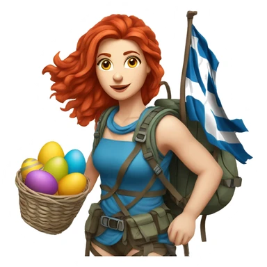 Greek Female winter mountaineer red hair white skin climbing with Greek Flag and Easter eggs basket sticker