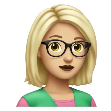 female, shoulder length blonde hair, black rimmed glasses, green eyes, pink shirt, light skin, pink lips sticker