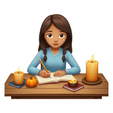 Girl writing in a journal on a desk with a candle on it next to a window with fall scenery sticker