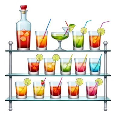 A glass shelf filled with cocktail bottles and fancy drinking glasses.
 sticker