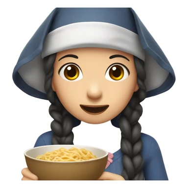 Girl eating buldak noodles with a bonnet on sticker