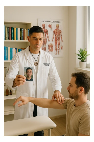 a middle-aged man, dressed in casual professional attire, is in a bright, organized therapy studio. Durante una visita di kinesiologia, il ragazzo tiene con una mano la foto di una persona lontana (il “testimone”) tiene la foto in mano, mentre con l’altra mano esegue un test muscolare su un cliente presente senza foto. Sullo sfondo si vedono libri di kinesiologia, poster anatomici e strumenti tipici della disciplina. L’atmosfera è concentrata e serena, con luce naturale che entra dalla finestra, sottolineando l’aspetto alternativo e umano della pratica. sticker