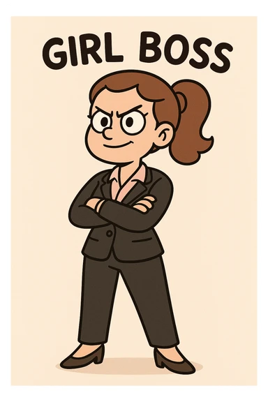 girl boss, business attire, powerful pose, minimalistic, flat design sticker