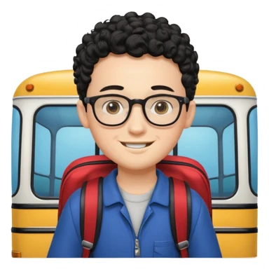 A young boy DEVELOPER WITH A backpack, black curly short hair, wearing glasses, a thin goatee, his skin is white, riding a scholar bus sticker