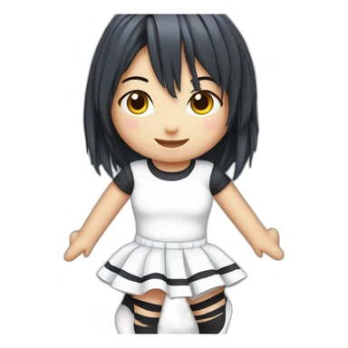 Frontal view curvy emo girl sits white skirt striped stockings hands up sticker