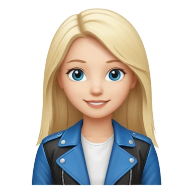 A white girl with long straight blonde hair, blue eyes and a white dress with a smiling black jacket sticker