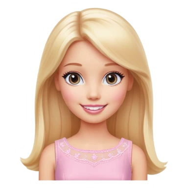 A cheerful Barbie-like girl with long, straight blonde hair, a warm smile, and a delicate pink dress, set against a soft pastel background sticker