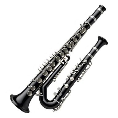 Create an emoji, representing a black standard clarinet. The design should feature a smooth, glossy black body of the clarinet with shiny, silver keys clearly visible. Highlight the intricate details of the mouthpiece and reed at the top, while the body of the instrument should remain simple and elegant. Add subtle musical notes or soundwaves floating around the instrument to symbolize its clear, melodic sound. Use black for the body, silver for the keys, and soft lighting effects to give the instrument a polished, sophisticated look. The background should be transparent. sticker