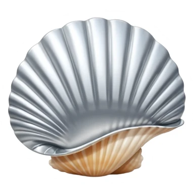 A seashell emoji made of polished silver chrome, smooth curved surface, reflective metallic highlights, elegant minimal design, iOS emoji style, centered, clean white background, soft lighting sticker