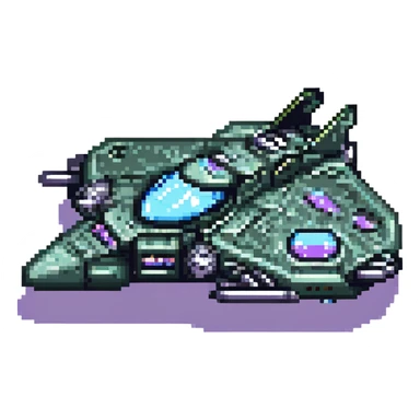 A pixel art style space cruiser with a steampunk aesthetic, metallic textures, and intricate mechanical details. sticker