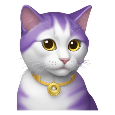 Un gato de color morado, ojos negros y pupilas blancas y un collar con una luna amarilla  sticker