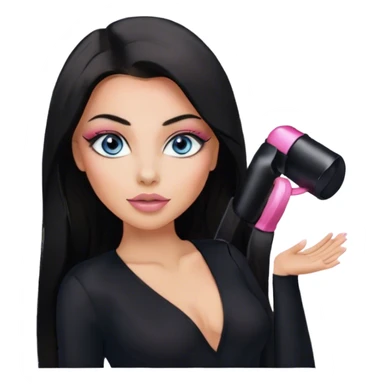 Glamours, tanned, beautiful, girl, with blue eyes, big pump peach-beige-rose lips, eyeliner, long lashes, black straight smooth silky long hair, parting hair in the middle,  in black v-neck bodysuit long sleeves sticker