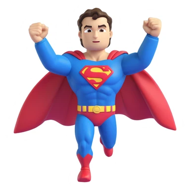 Superman as a 3D emoji, highly detailed and expressive, in a powerful flying pose, blue suit, red cape, yellow 'S' emblem, muscular, chiseled jaw, signature hair curl, dramatic clouds and sunlight, vibrant, shiny, high definition sticker