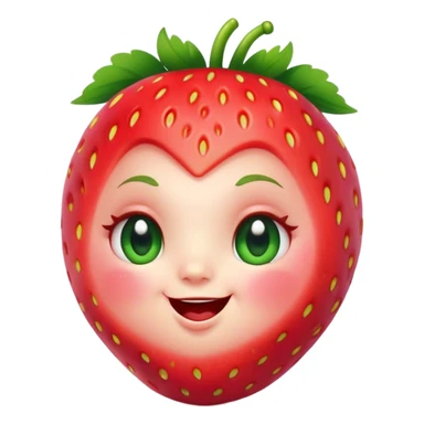 Cinematic plump happy strawberry, glossy bright red, tiny round eyes and blushing cheeks, green leafy top slightly tilted, cheerful and charming. sticker