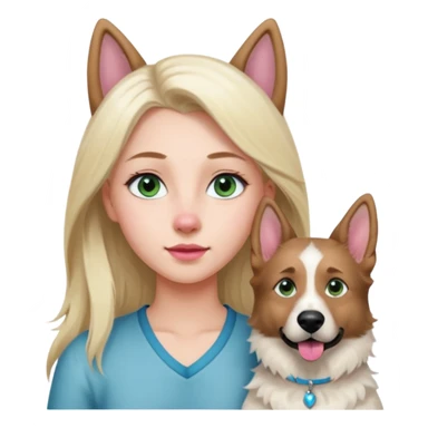 White European young woman with blue-green eyes and long blond hair with her white German Shepherd dog,the Dog hast a pink nose and short fur  and Brown eyes sticker