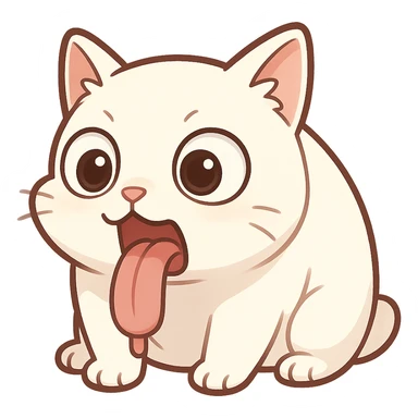 A white cat in a vomiting state with its tongue hanging out and its eyes bulging sticker